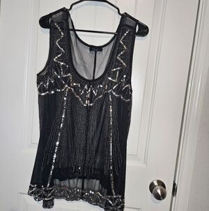 DEB Black Sheer Mesh Sequin Art Deco Flapper Tank Top Plus Size 2X 3X